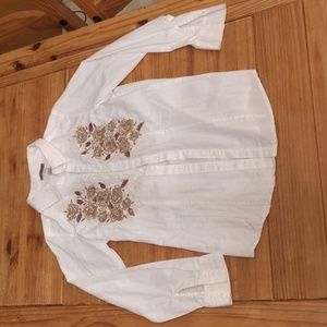 Women's Alan Jackson Collection White and Tan Rose Embroidered Button Up Shirt M